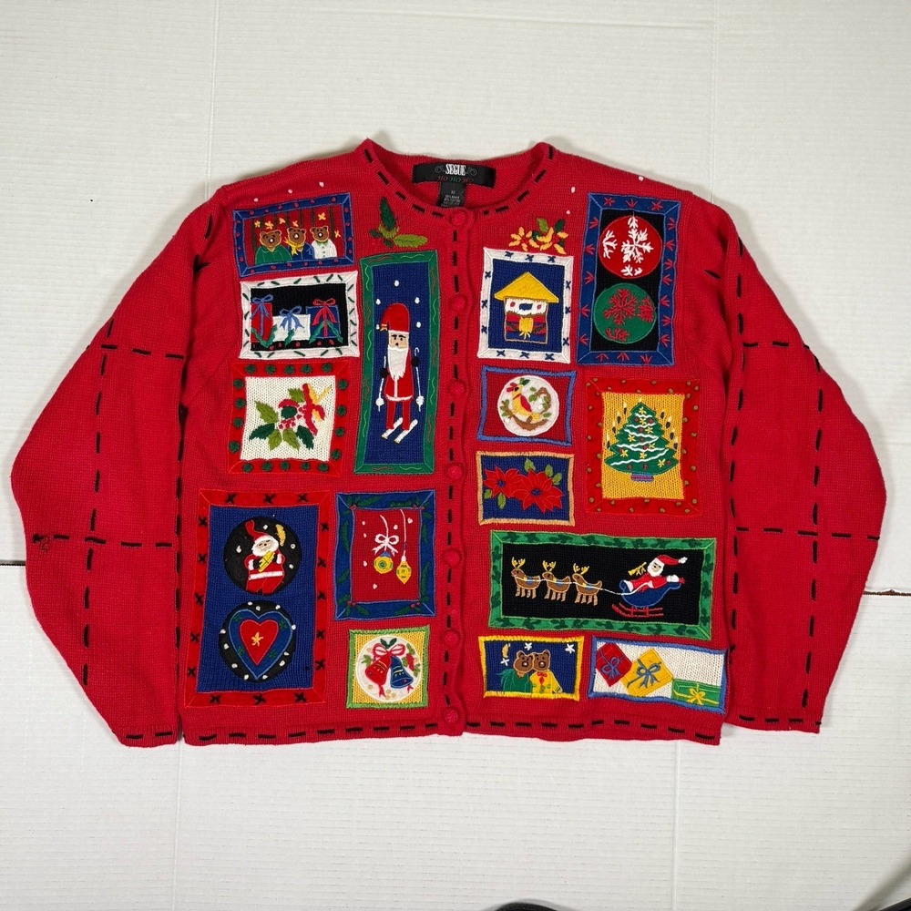 Segue Ho Ho Ho Christmas Sweater Cardigan Size M Red Womens  Button Front